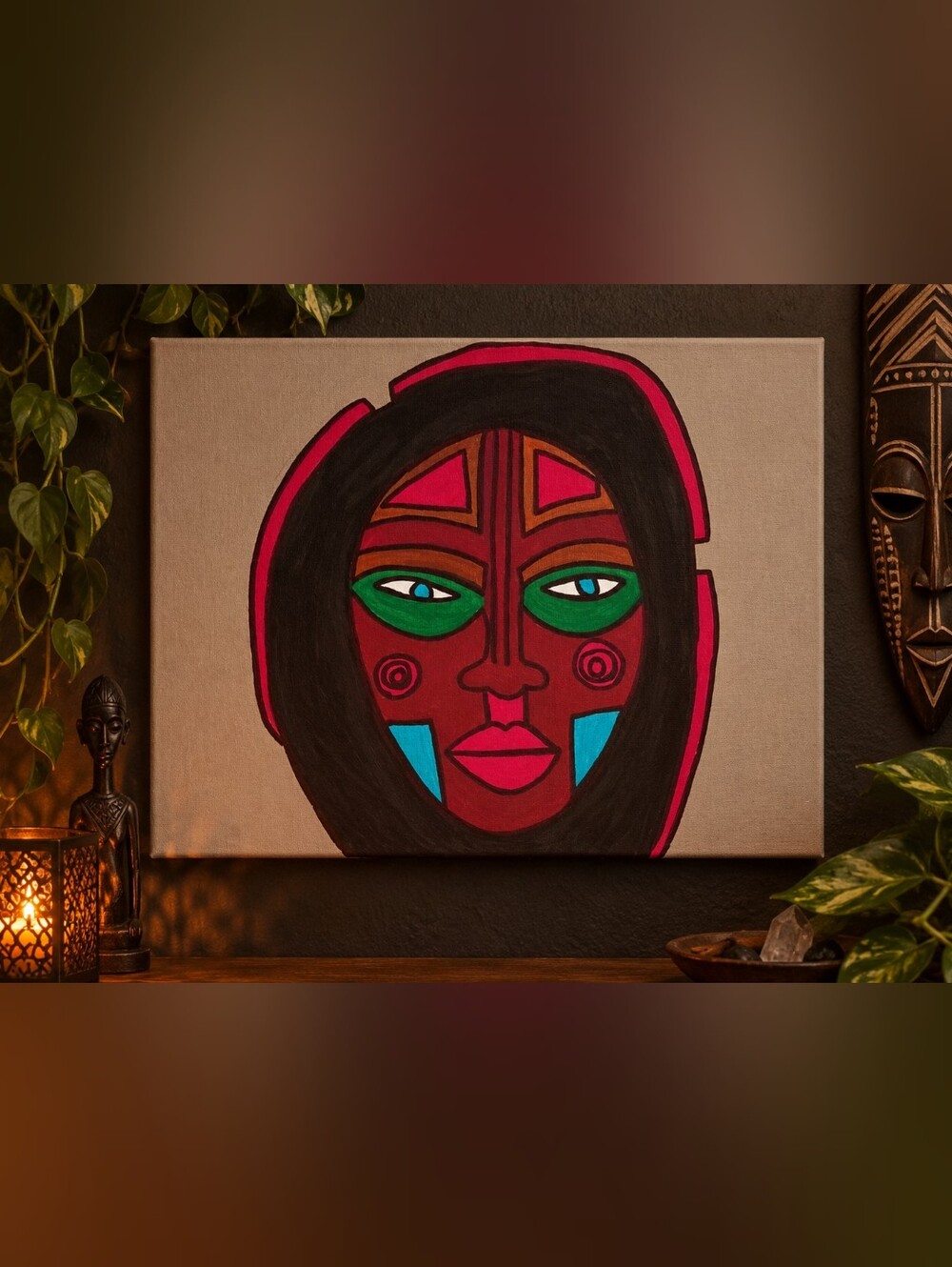 Abstract Tribal Mask Canvas Art - Red, Black & Green